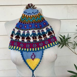 Vintage Peruvian Handwoven Crochet Knot Winter Hat Knit Bobble